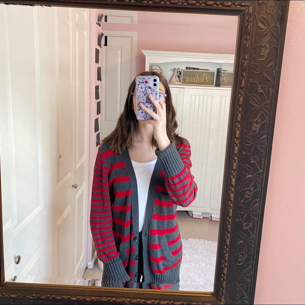 Red and Grey Striped American Eagle Cardigan